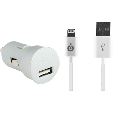 Chargeur voiture USB A 2.4A FastCharge + Câble USB A/Lightning Blanc B
