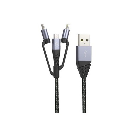 Tiger Power Câble 3En1 USB-A Vers Micro-USB/USB-C/Lightning 1,2M Gris