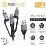 Tiger Power Câble 3En1 USB-A Vers Micro-USB/USB-C/Lightning 1,2M Gris
