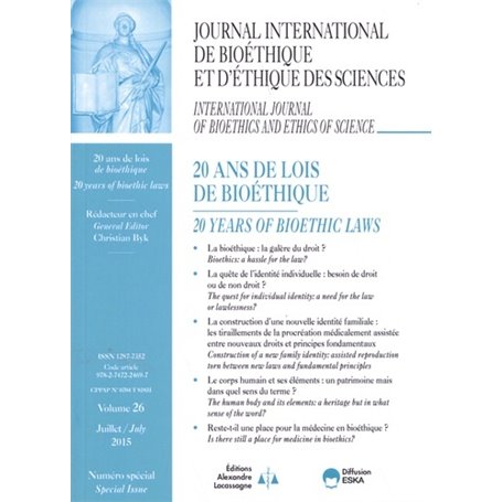 JOURNAL INTERNATION DE BIOETHIQUE 3-2015 NSP 20 ANS DE LOIS DE BIOETHIQUE