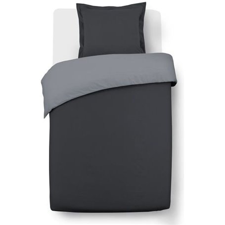 VISION - Bicolore - Housse de couette Réversible 140x200cm avec 1 taie 65x65cm - Anthracite/gris - 100% coton