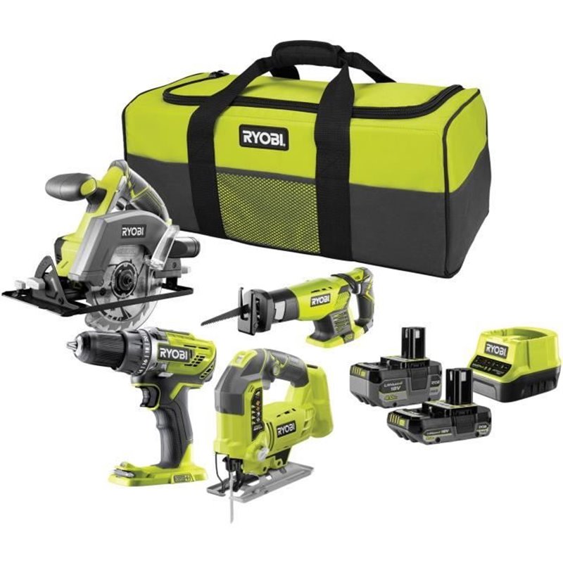 Ryobi 4 outils : 1 perceuse-visseuse + scies (sauteuse, circulaire & sabre) + 2 batteries 4 Ah & 2Ah + 1 chargeur & sac