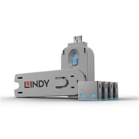 Lindy 40452 bloqueur de port Bloqueur de port + clé USB Type-A Bleu Acrylonitrile-Butadiène-Styrène (ABS) 5 pièce(s)