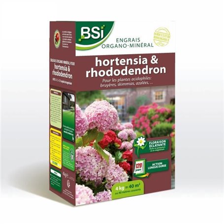 BSI - Engrais Hortensias/Rhododendrons - Pour Tous les Hortensias / Rhododendrons - Action Longue Durée - 4kg - Jusqu'a 40 m² -
