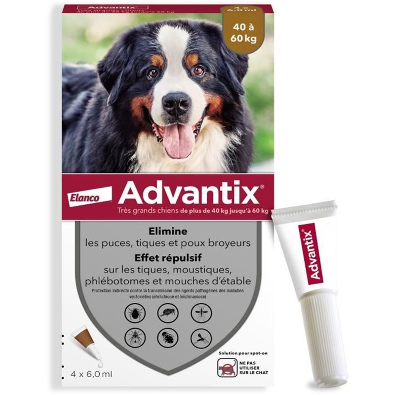 Advantix Chien Solution Antiparasitaire Très Grande Race 40 à 60kg 4 pipettes