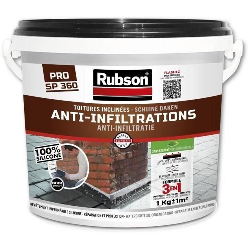 Anti-infiltrations - RUBSON - Noir 1kg - Revetement imperméable - 100% Silicone - Résiste aux UV