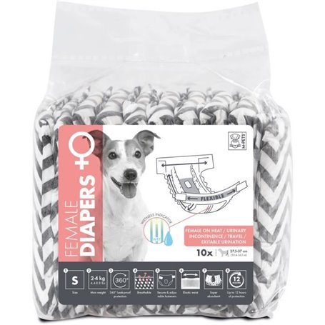 Couches pour chien - M PETS - DIAPERS - Femelle S x10 - Tour de taille 17,5-37 cm - 2-4 kg - Indicateur d'humidité - 12h protect
