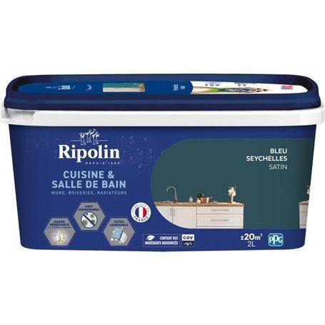 Peinture murs, boiseries, plafonds, radiateurs - RIPOLIN - Cuisine et bain - 2 L - Bleu Seychelles