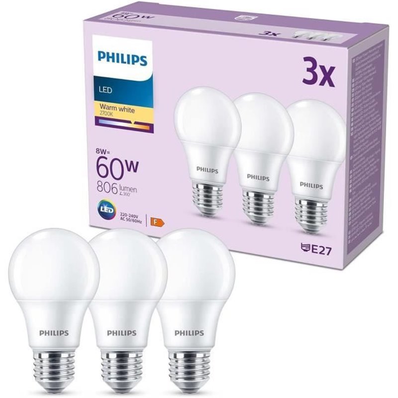 Image secondaire de Ampoule LED - PHILIPS - 60 W - E27 - Blanc chaud - Dépolie - Non-Dimmable - 3 pieces