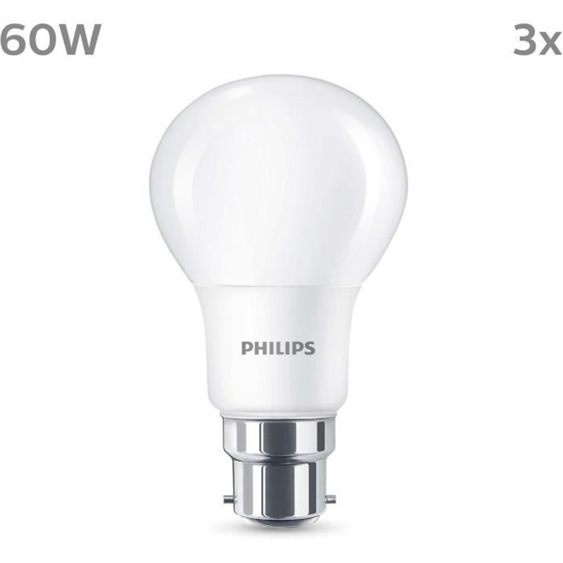 Ampoule LED - PHILIPS - 60 W - B22 - Blanc chaud - Dépolie - Non-Dimmable - 3 pieces