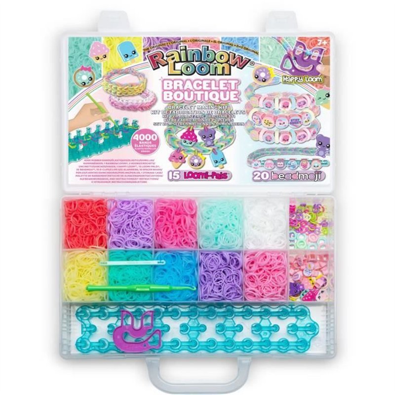 Coffret fabrication automatique de bracelets élastiques - BANDAI - Rainbow Loom Boutique - Contient 4000 Élastiques, Beadmojis..