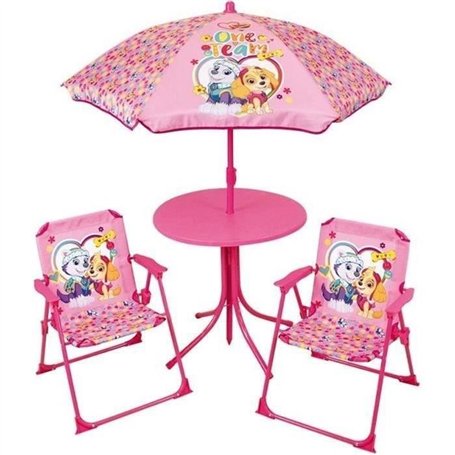 Salon de jardin FUN HOUSE PAT'PATROUILLE - 1 table 46xø46 cm, 2 chaises H.53xl.38,5xP.37,5cm et 1 parasol