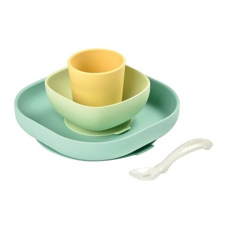 BEABA Set vaisselle silicone repas bébé, 4 pieces, avec ventouse, anti-dérapant, jaune