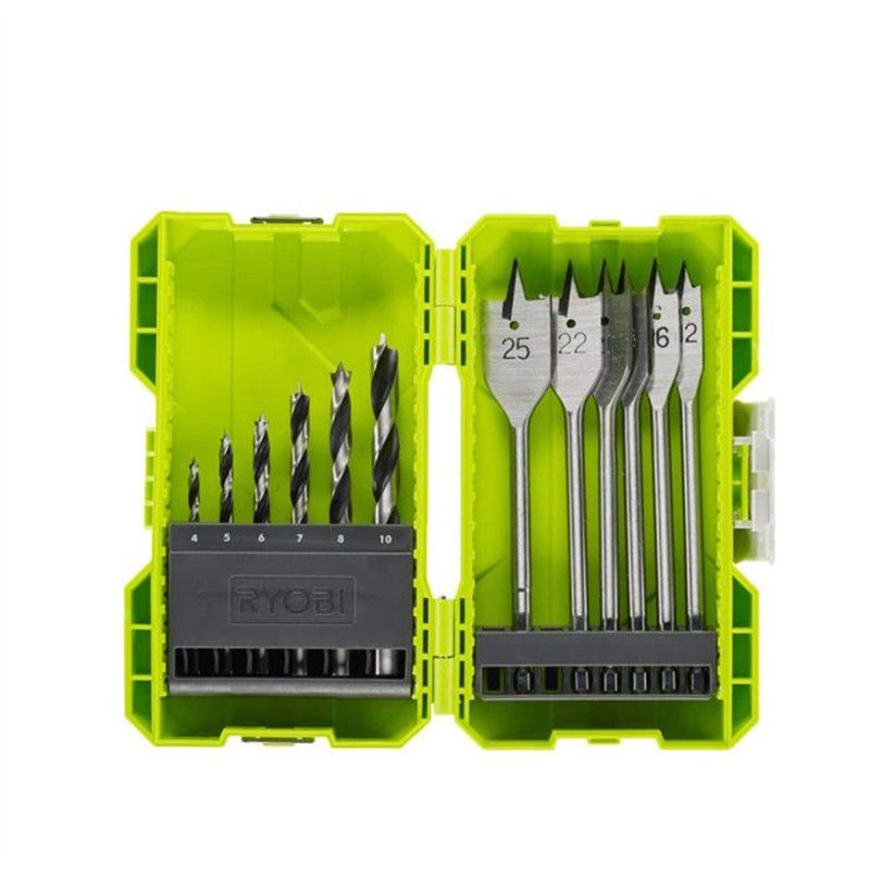 RYOBI - Coffret empilable perçage bois 12 accessoires (6 forets + 6 meches plates) - RAK12SWD