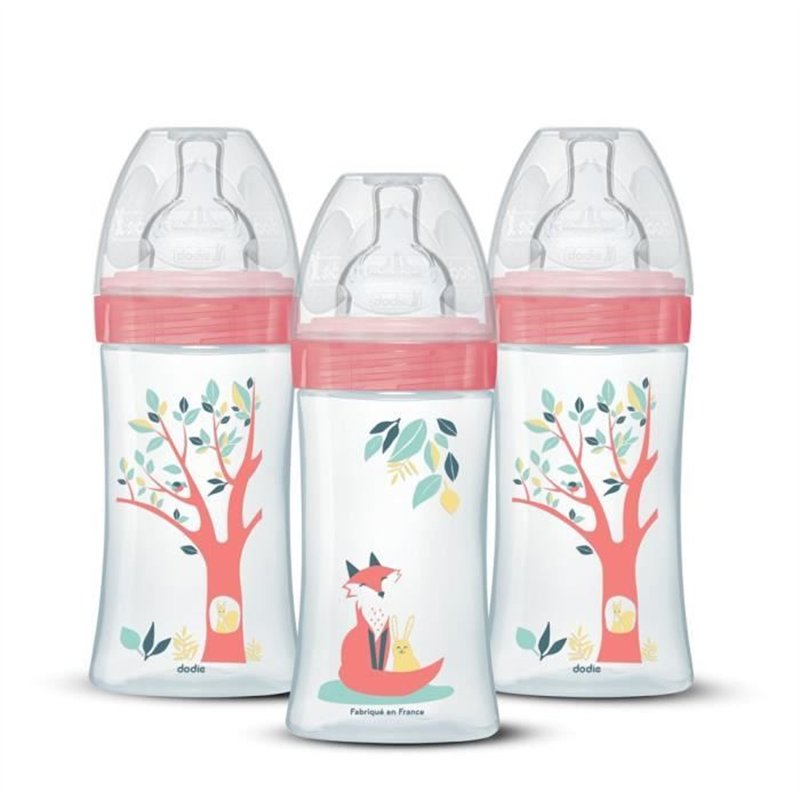 Lot de 3 biberons - DODIE - EB20 - 270 ml - Tétine plate - Rose