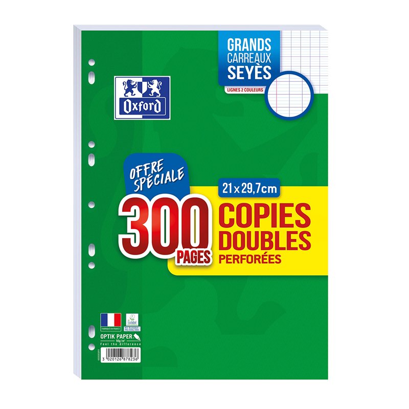OXFORD Lot de 300 Pages Copies Doubles Perforées A4 (21 x 29,7cm) 90g Grands Carreaux Seyès avec Marge
