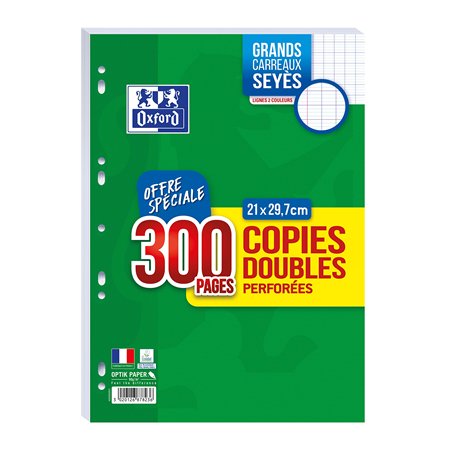 OXFORD Lot de 300 Pages Copies Doubles Perforées A4 (21 x 29,7cm) 90g Grands Carreaux Seyès avec Marge