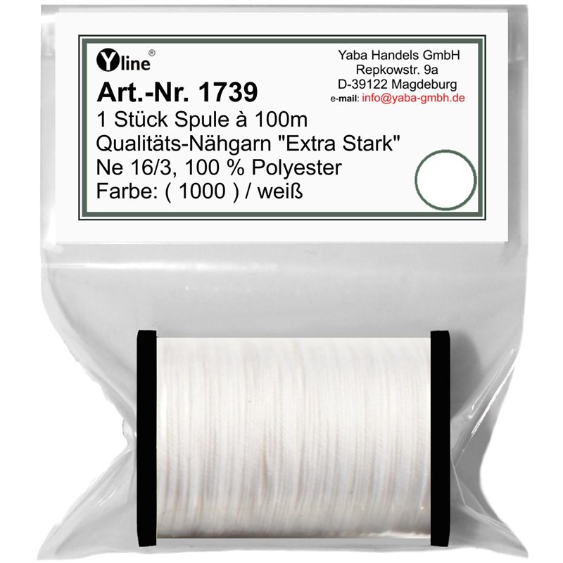 1739 Bobine de fil à coudre extra fort 100 m Blanc Ne 16/3 100% polyester pour machine à coudre 100% polyester