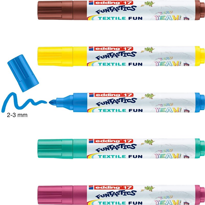 edding 17 FUNTASTICS TEXTILE FUN Marqueur pour textiles pour enfants - jaune, marron, bleu, rouge, vert - 5 stylos - pointe rond