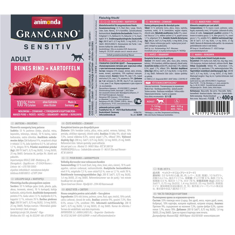 Image secondaire de Nourriture pour chien GranCarno Sensitiv Adult d’animonda, nourriture humide pour chien adulte, pur bœuf + pomme de terre, 6 x 4