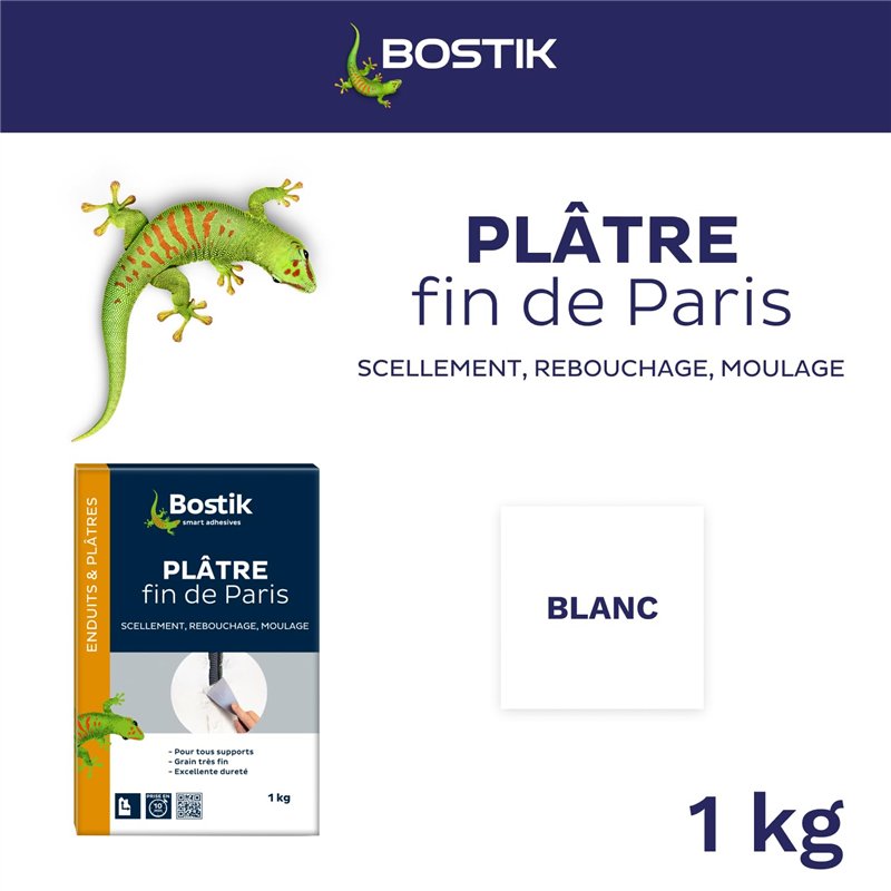Image secondaire de Bostik - Plâtre Fin de Paris - Scellement, Rebouchage, Moulage - Intérieur - Tous Supports - Prise Rapide - Couleur : Blanc - 1 
