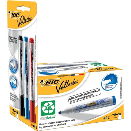 VELLEDA 942235 – Pack de 12 marqueurs tableau blanc et 3 réserves d'encre, couleur BLEU