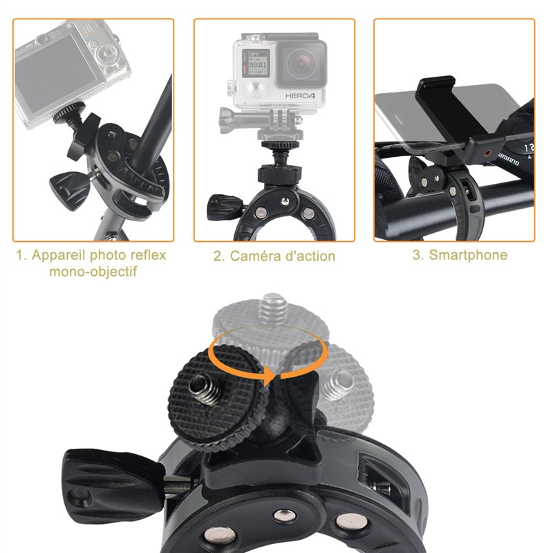 Image secondaire de UTEBIT Support Guidon de Moto Vélo pour GoPro, 360° Rotatif Fixation Montage Support avec Support Telephone, Fixation Camera Cla