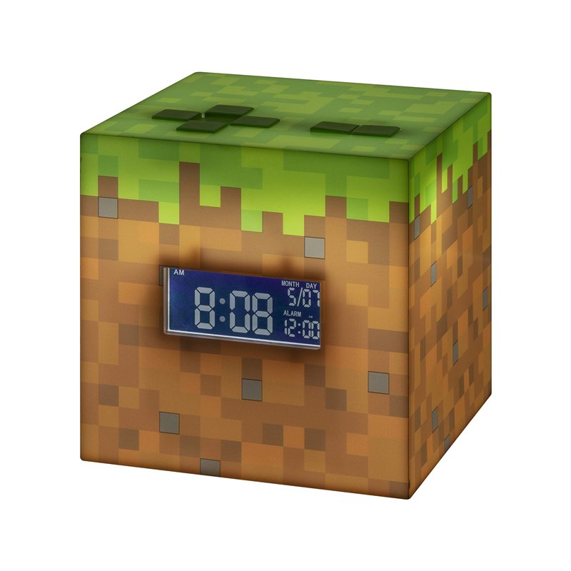 Réveil Digital Minecraft Grass Block - Lumière et Musique du Jeu Officiels, Décor de Chambre pour Gamers Minecraft, Vert