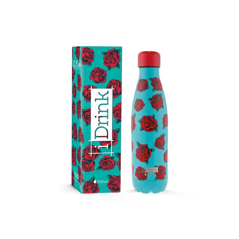 IDRINK® - Bouteille thermique révolutionnaire, bouteille en acier inoxydable à 2 parois PRIX DE FIN DE SÉRIE, 500 ML TATTOO ROSE