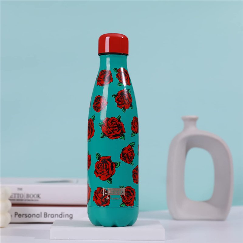 Image secondaire de IDRINK® - Bouteille thermique révolutionnaire, bouteille en acier inoxydable à 2 parois PRIX DE FIN DE SÉRIE, 500 ML TATTOO ROSE