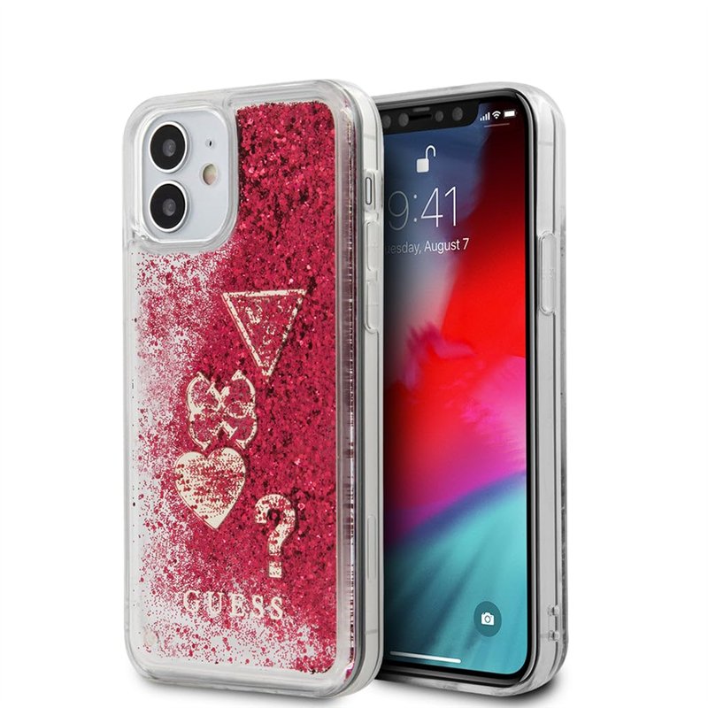 GUESS - Coque Rigide en PC/TPU Liquide pailleté avec Breloques cœurs - Framboise pour iPhone 12 Mini