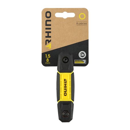 Rhino - Clés Allen - Lot de 8 clés mâle hexagonale, monture sans blocage de 8 clés allen - Diamètre 1.5 à 8 mm - Fabriqué en Aci