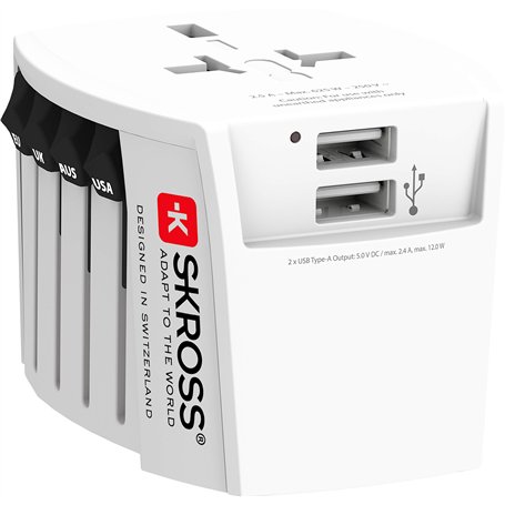 SKROSS | 1.302960 | MUV USB (2xA) | Adaptateur de Voyage Universel à 2 broches - 2 Prises de Charge USB. Tension et Puissance :