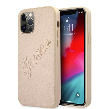 GUESS GUHCP12LRSAVSLG Coque pour iPhone 12 Pro Max 6,7" Saffiano Doré Script Vintage