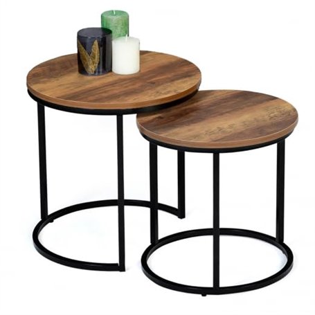 IDMarket - Lot de 2 Tables Basses gigognes Hawkins Rondes 40/45 Bois foncé Design Industriel