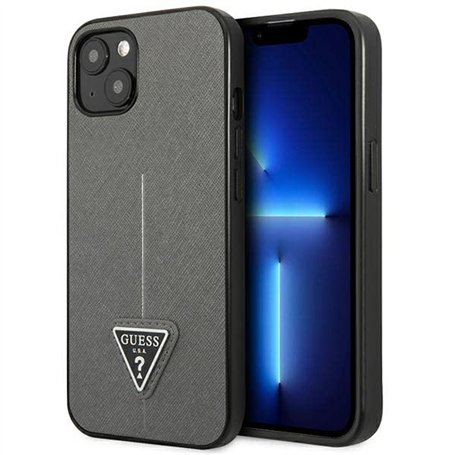 Guess GUHCP13SPSATLG Coque Rigide pour iPhone 13 Mini 5,4" Motif SaffianoTriangle Argent
