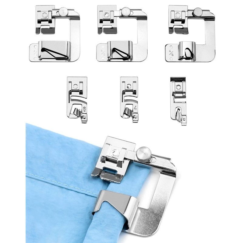 QWORK® 6 Pièces Pied de biche Machine a Coudre, 3 Pieds à Ourlet roulé étroit (3/4/6 mm), 3 Pieds presseurs à Ourlet roulé Large 