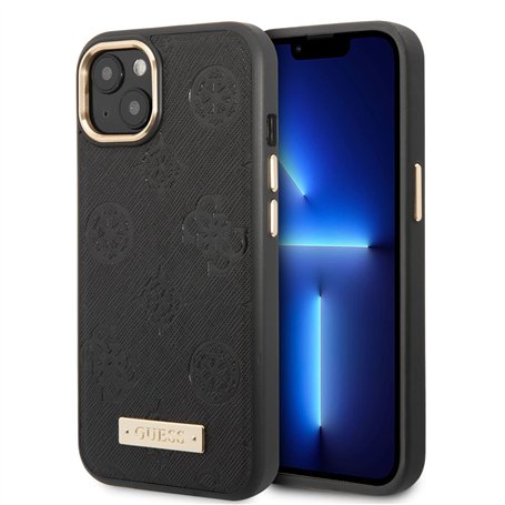 Guess Phone Case for iPhone 13 in Black Magsafe Compatible Peony Pattern, PU Leather Protective & Anti-Scratch Case with Accessi