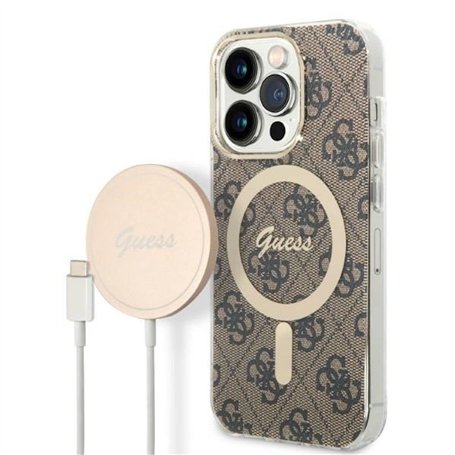 Guess Bundle Pack MagSafe 4G Coque iPhone 14 Pro + MagSafe Chargeur, Marron/Or
