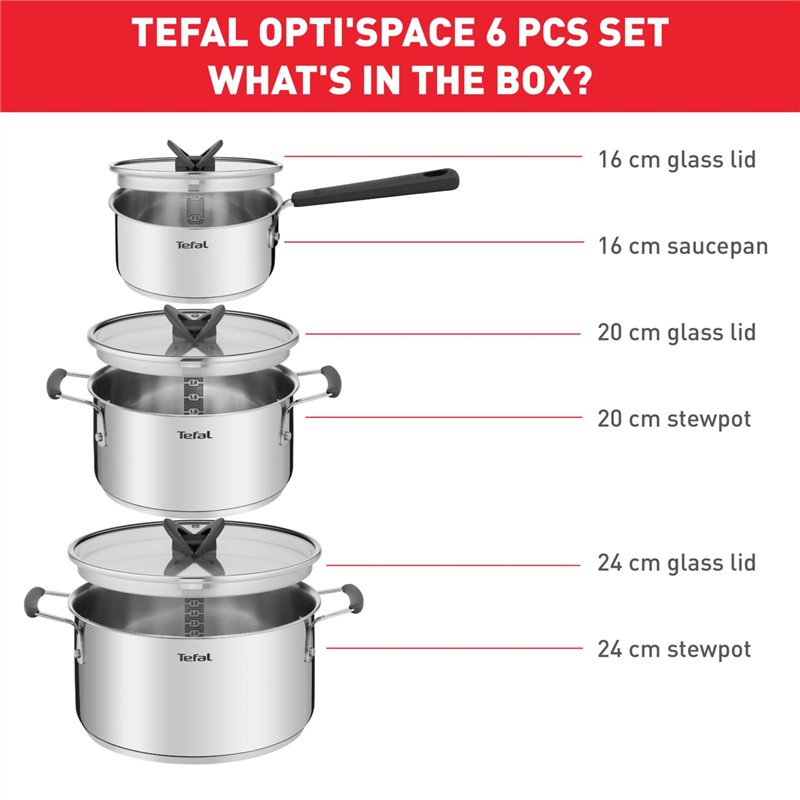 Image secondaire de Tefal G7376S Opti'Space Set de 6 casseroles avec couvercle 16 cm + couvercle + casseroles 20/24 cm + couvercle | acier inoxydabl