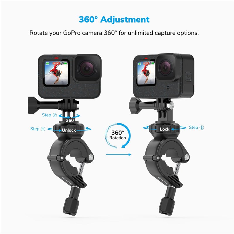 Image secondaire de Sametop Clamp Guidon Montage de Moto et Vélo Support de Pince Tube Fixation Compatible avec GoPro Hero 13 12 11 10 9 8 7 6 5 Ses