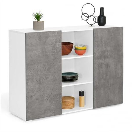 IDMarket - Buffet 110 cm ELI Blanc 2 Portes Effet béton
