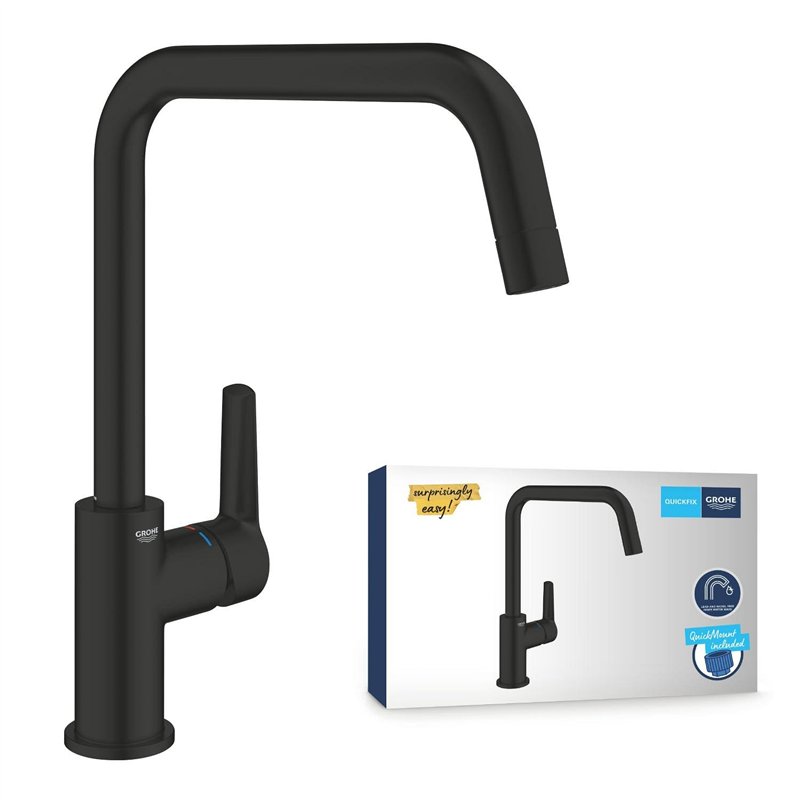 GROHE QUICKFIX Start Robinet de cuisine, Mitigeur Monocommande Evier, Bec Haut, Rotation 150°, Noir Mat, 304702430