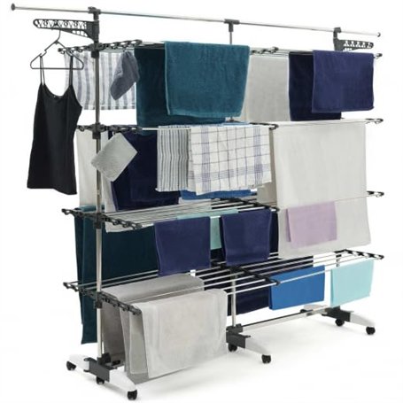 IDMarket - Séchoir à Linge 60 M Supra XXL Gris/Blanc 4 Niveaux + Barre télescopique