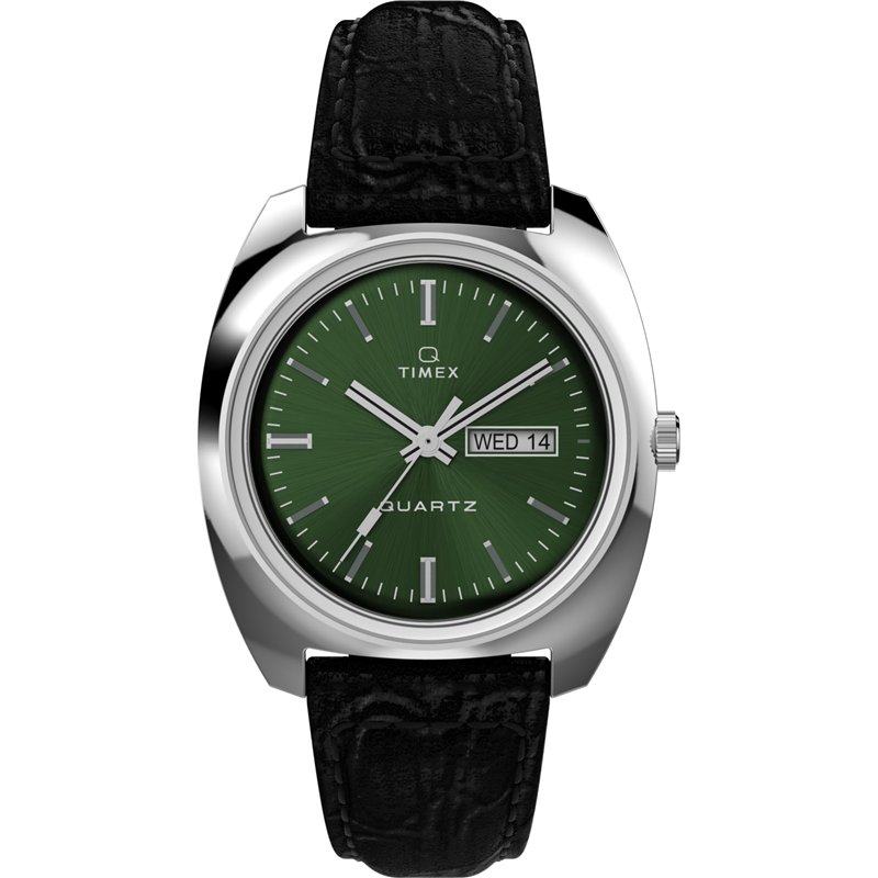 Timex Q Montre pour Hommes, 37,5 mm, Bracelet en Cuir Noir à Ouverture Rapide, en Deux pièces, Cadran Vert, boîtier en Acier Ino