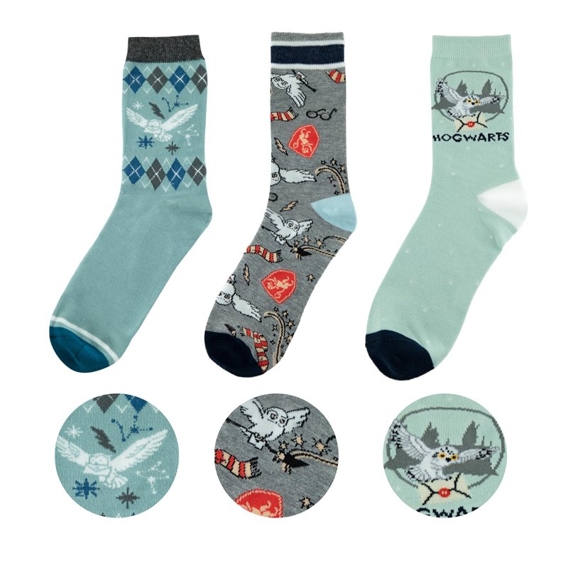 Cinereplicas HARRY POTTER - Chaussettes - Set de 3 Paires de Chaussettes Hedwige - Taille Unique - Licence Officielle