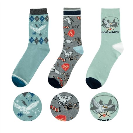 Cinereplicas HARRY POTTER - Chaussettes - Set de 3 Paires de Chaussettes Hedwige - Taille Unique - Licence Officielle