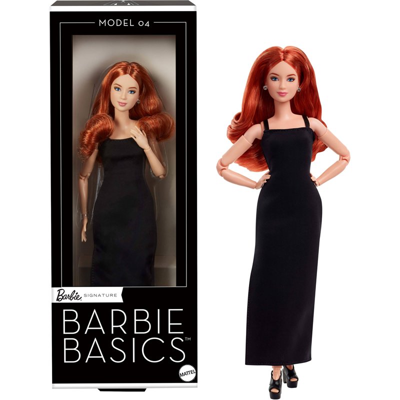 Barbie Essentiels Poupée de Collection modèle 04 avec Cheveux Roux bouclés, Petite Robe Noire et Bottes, Tenue à Coupe Universel