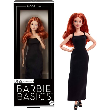 Barbie Essentiels Poupée de Collection modèle 04 avec Cheveux Roux bouclés, Petite Robe Noire et Bottes, Tenue à Coupe Universel