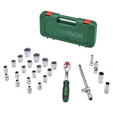 Bosch Set 25 clés à cliquet 1/2" (cliquet puissant 1/2" pour bricolage ; couple jusq. 768 Nm ; bouton verrouill; inverseur ; man